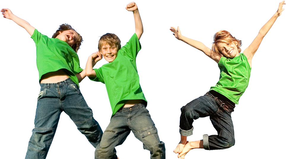 Joyful Kids Jumping In Green Shirts PNG