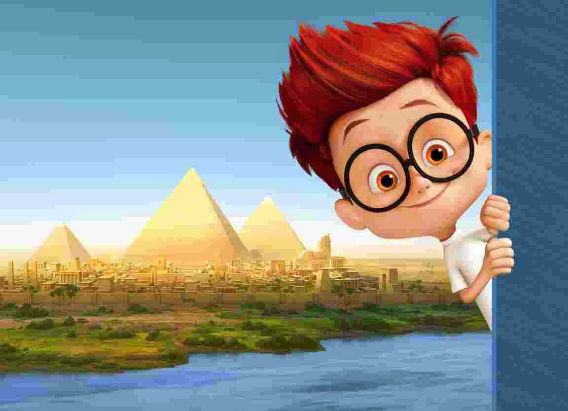 Vrolijk Moment Van Mr. Peabody En Sherman Tegen Een Levendige Achtergrond Achtergrond