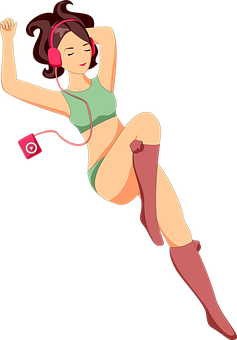 Joyful Music Listening Cartoon Girl PNG