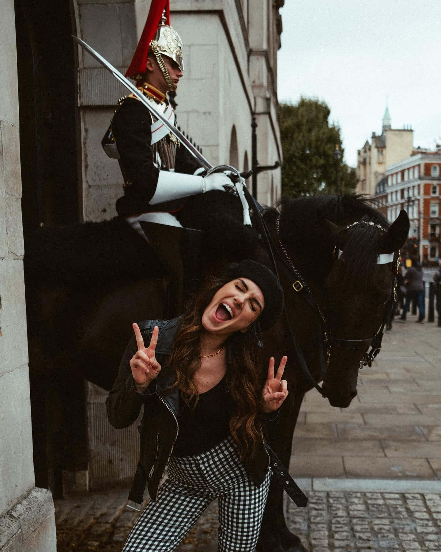 Joyful Tourist With Horse Guard Wallpaper