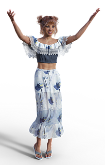 Joyful Woman Raising Arms Fashion Outfit PNG