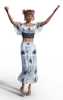 Joyful Woman Raising Armsin Floral Outfit PNG