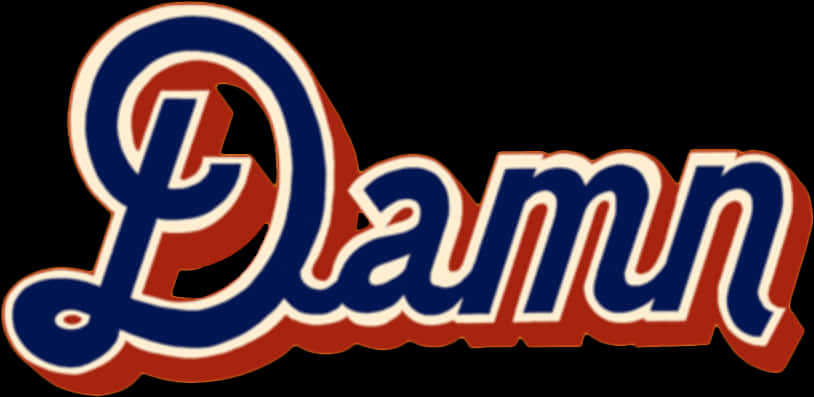 The word Damn in stylized blue script with red and white outlines on black background