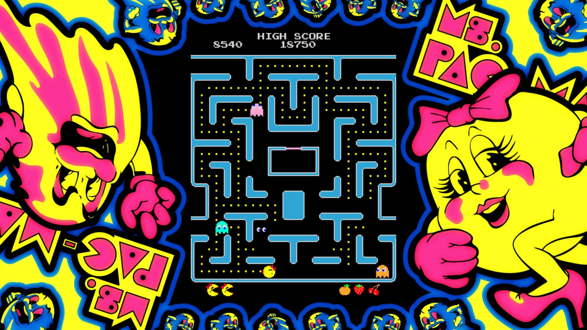 Juegode Arcade Icónico Pac-man En Un Fondo Azul Vibrante.