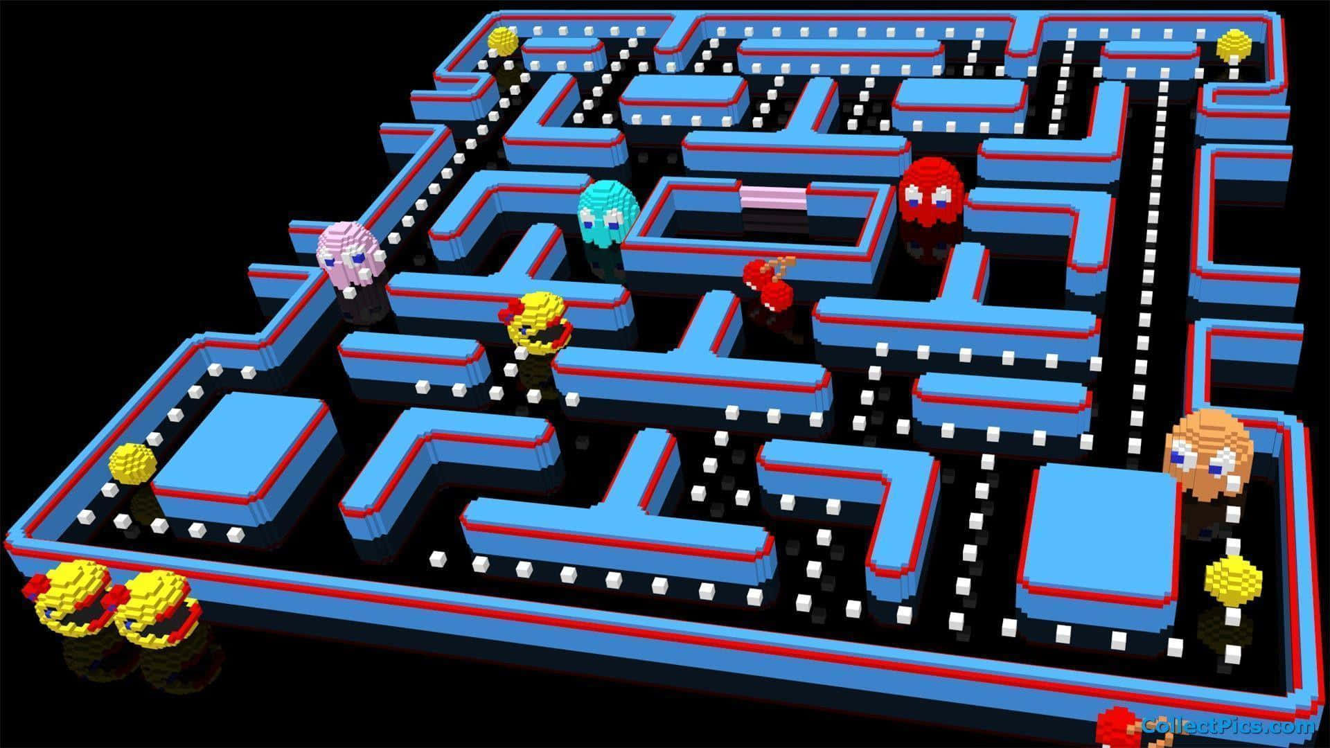 Juegode Pac-man En Acción En Un Fondo Retro De Arcade