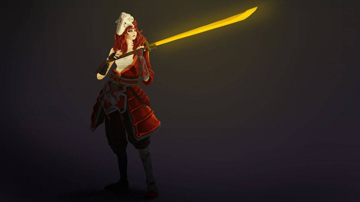 Juggernaut Girl Version Wallpaper — A red-haired warrior in red armor holds a glowing yellow sword against a dark gradient background.