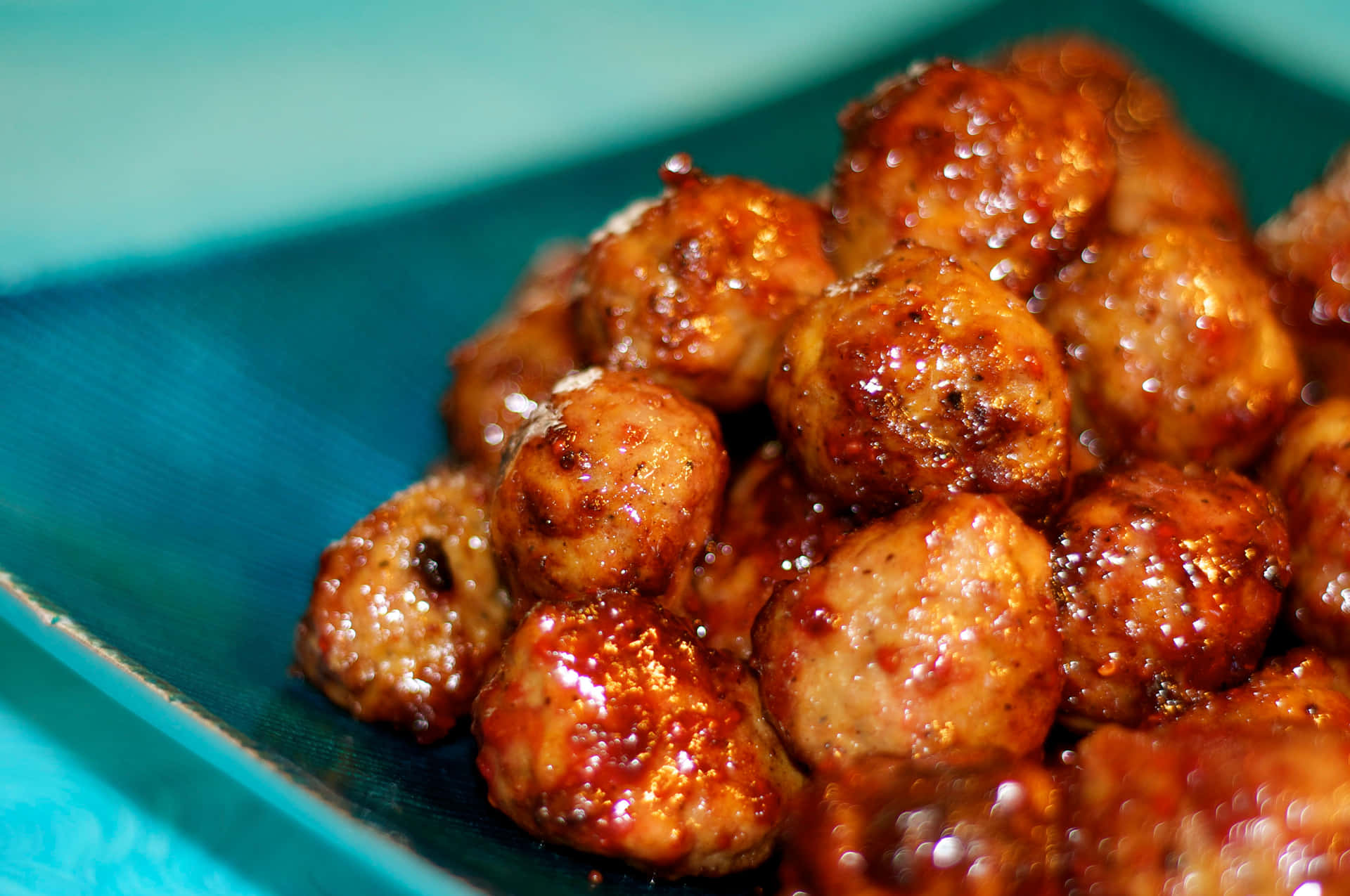 Juicy Glazed Meatballson Blue Plate.jpg Wallpaper