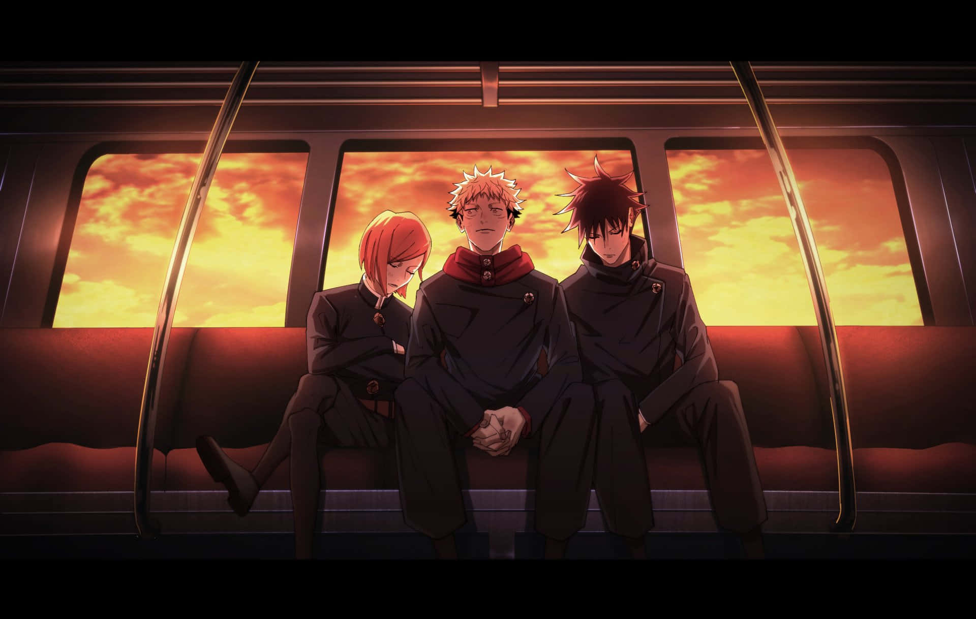 Jujutsu Kaisen_ Trio On Train At Sunset Wallpaper