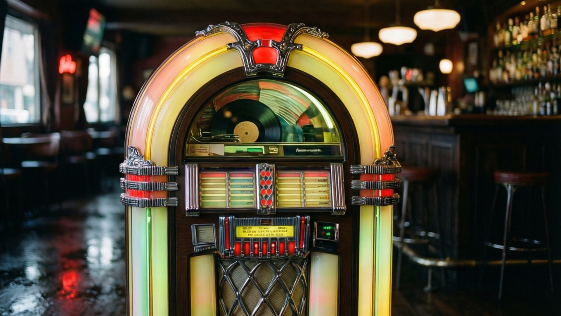 En neonlys-jukebox i en stemningsfuld retrobar.
