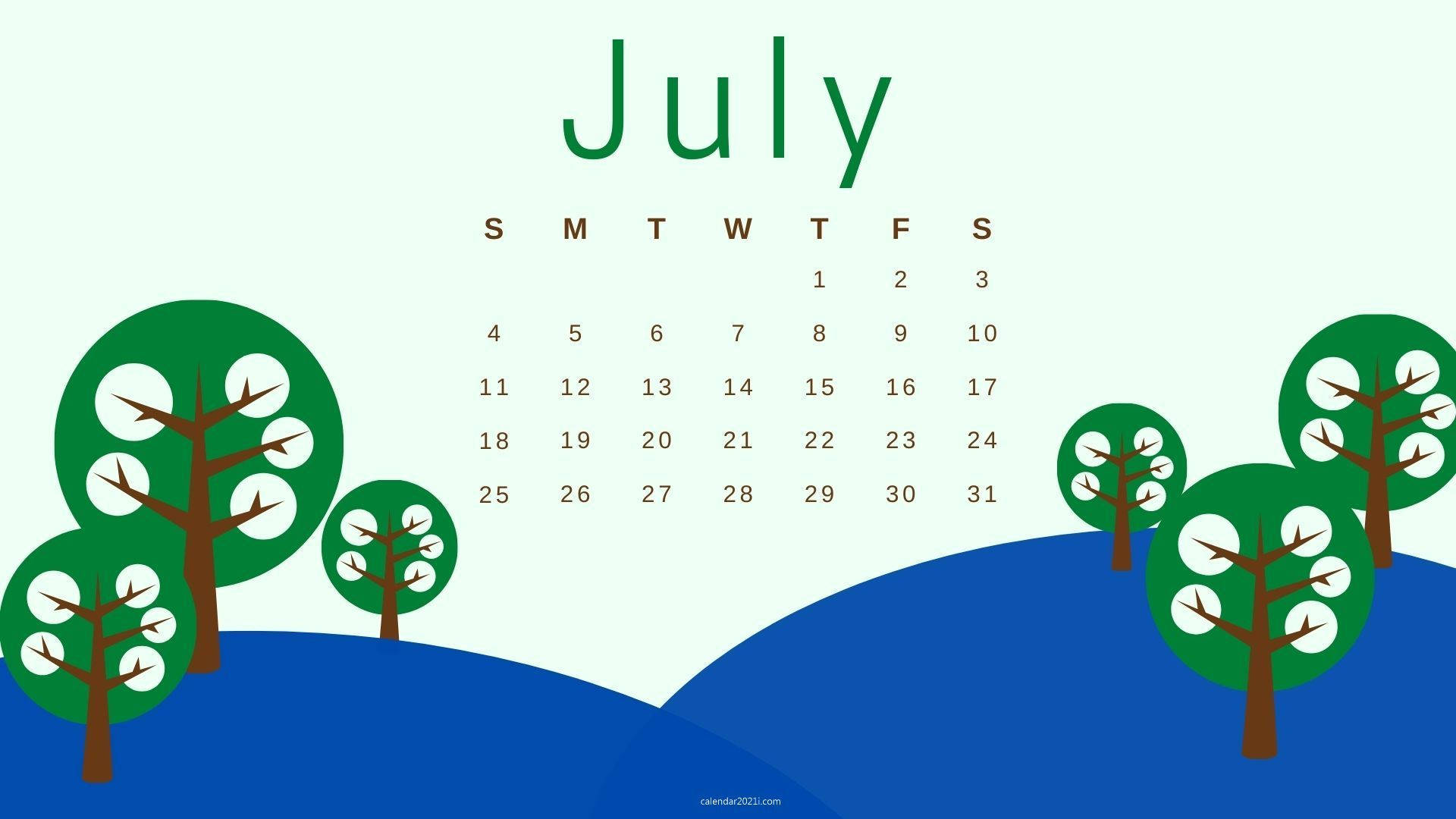 Calendario Luglio 2021 Con Alberi Rotondi Sfondo