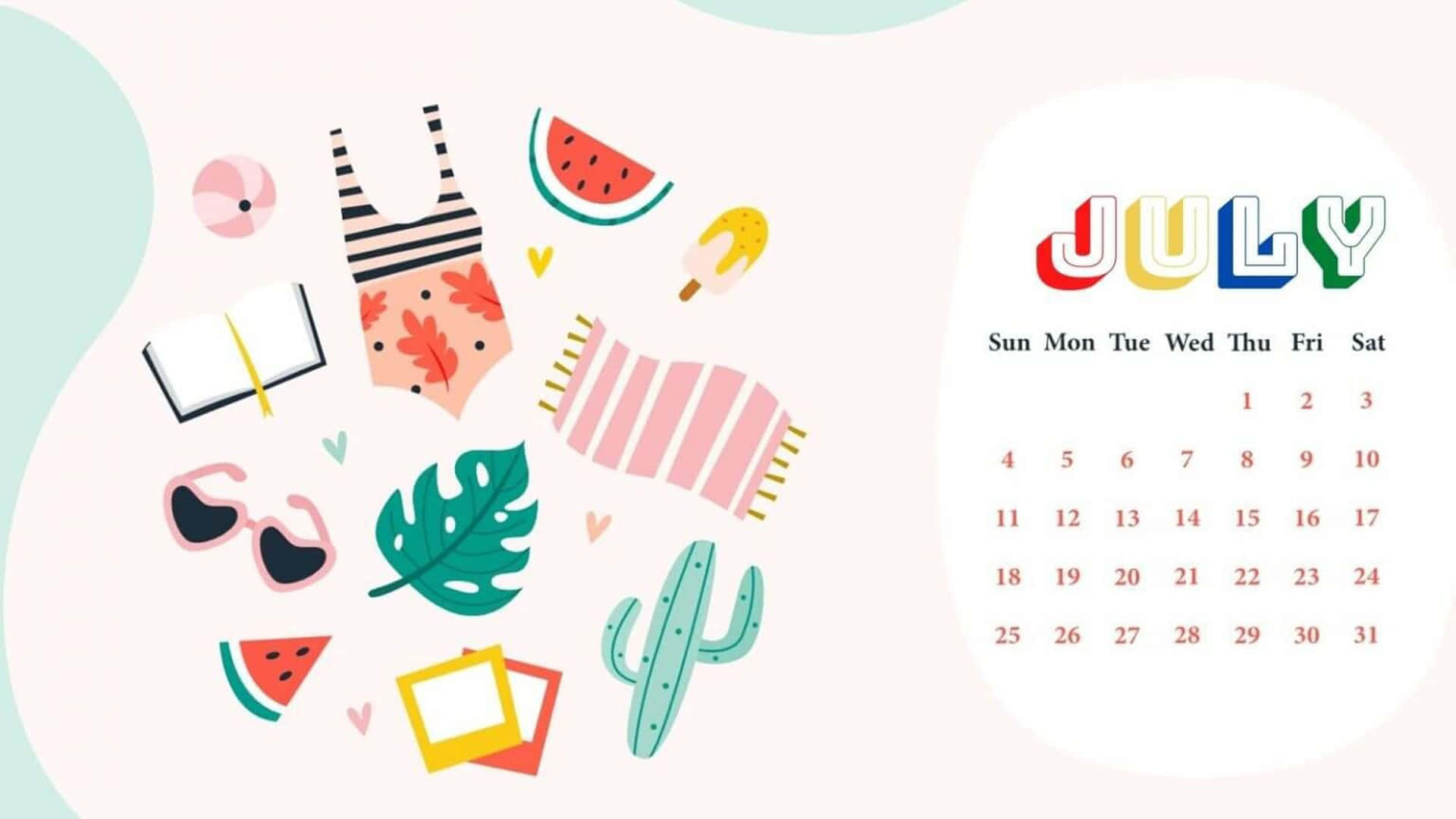 July Summer Aesthetic Calendar Wallpaper