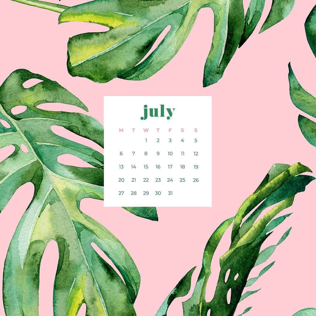 July Tropical Leaves Calendar Aesthetic Wallpaper