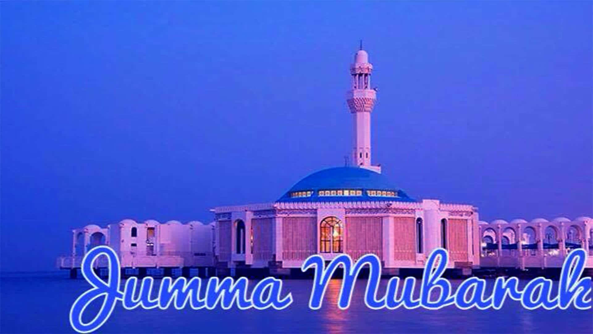 Peaceful Jumma Mubarak Background with Beautiful Mosque and Crescent Moon