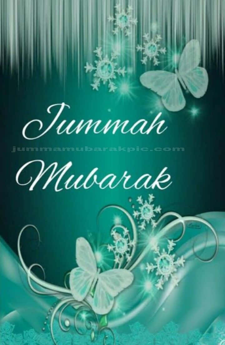 A Blue And White Jumaah Mubarak Card With Butterflies