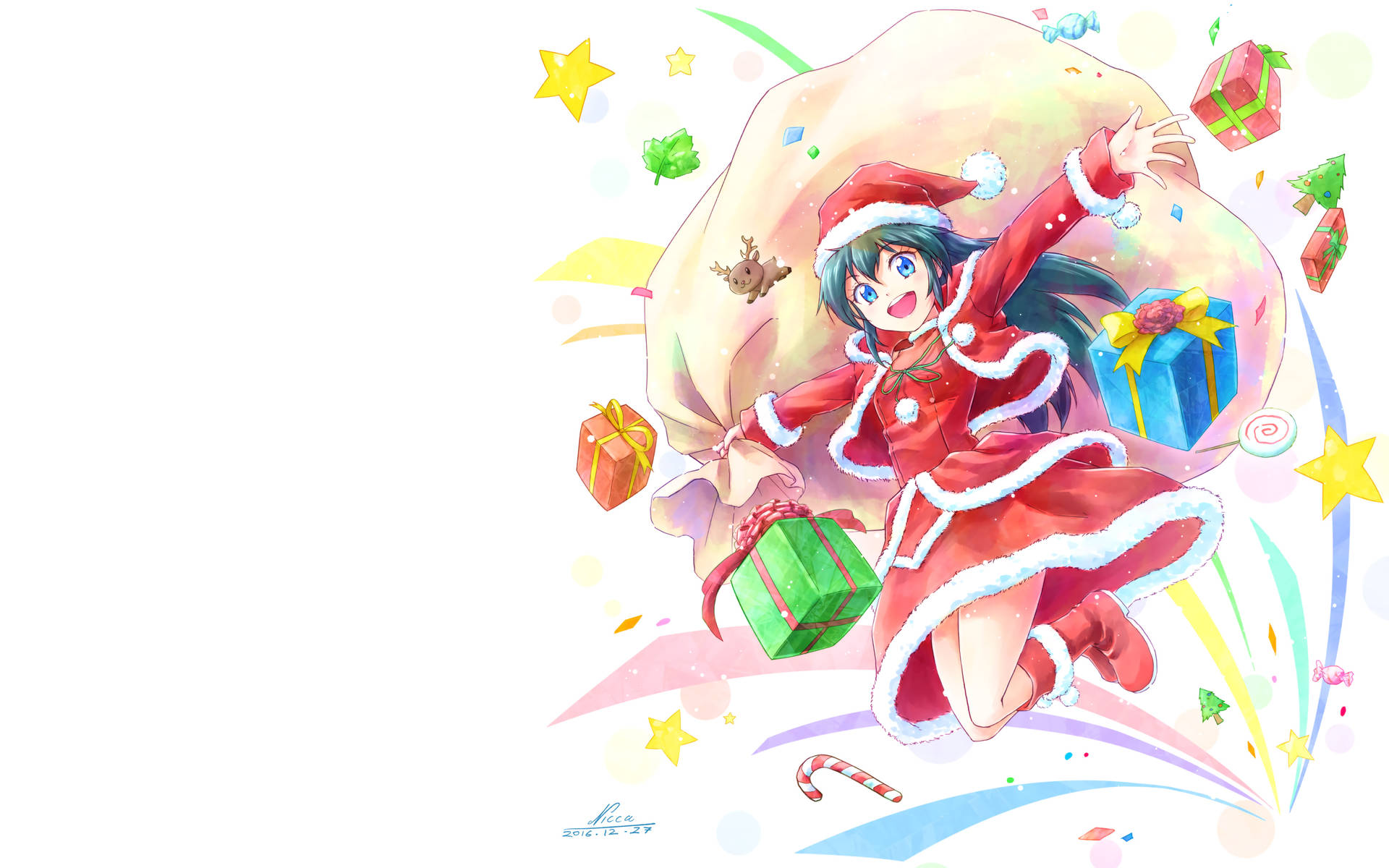Jumping Anime Girl Christmas Background Wallpaper