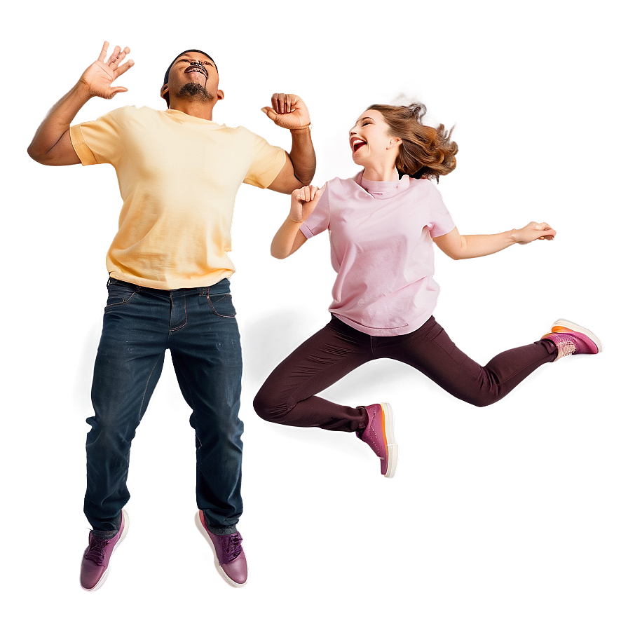 jumping b PNG — A joyful man and woman leap upward against a gradient wall with glowing outlines around their bodies and shoes.