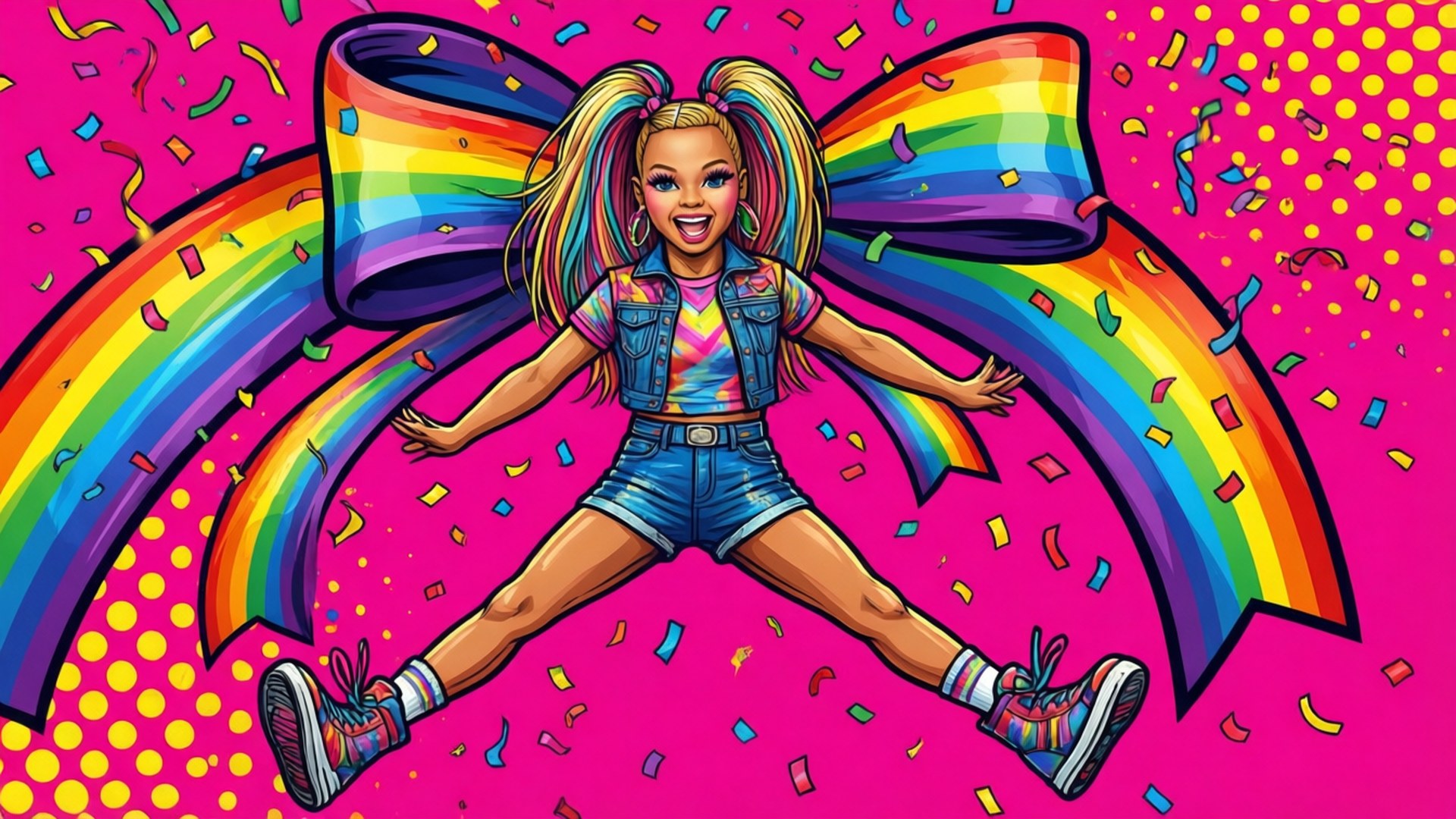 Jojo Siwa hyppää sateenkaarirusetilla ja konfetilla vaaleanpunaisilla pilkuilla