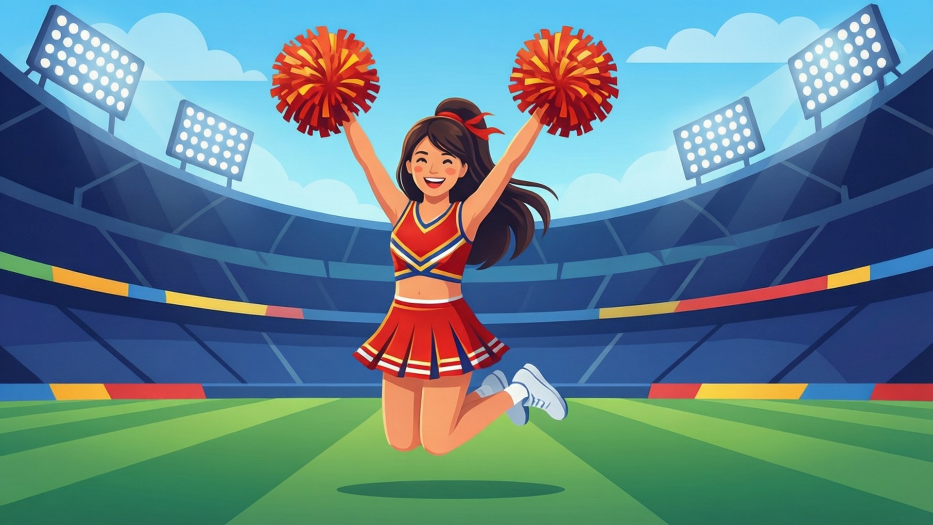 En hög energi cheerleader i platt vektorstil, perfekt för att lägga till anda.