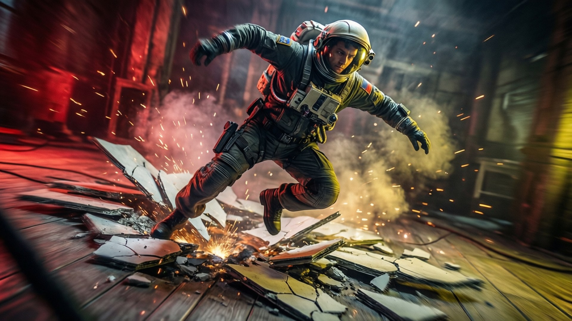 Crewmate leaps over broken panels in high-octane action scene with fiery lighting.
