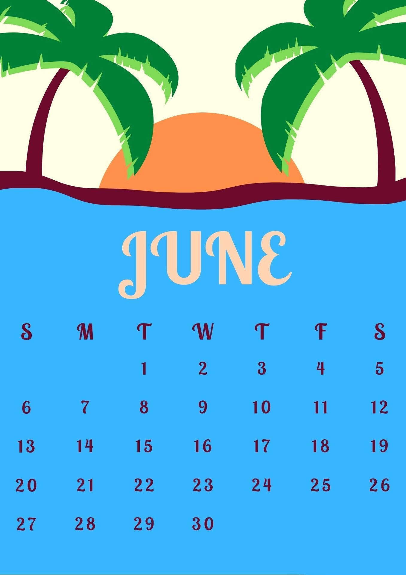 June Calendar With Palm Trees And Sun Wallpaper