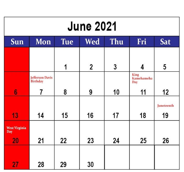 Jun 2021 kalender med røde og blå datoer Wallpaper