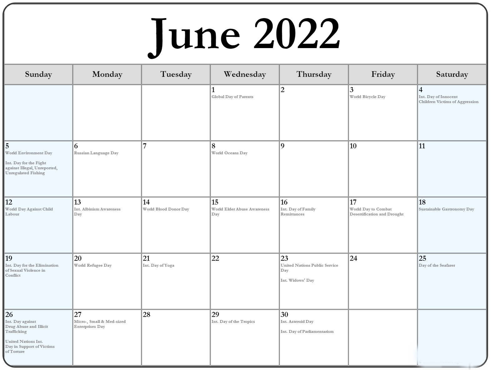Kalender for juni 2021 med ferier og begivenheder. Wallpaper