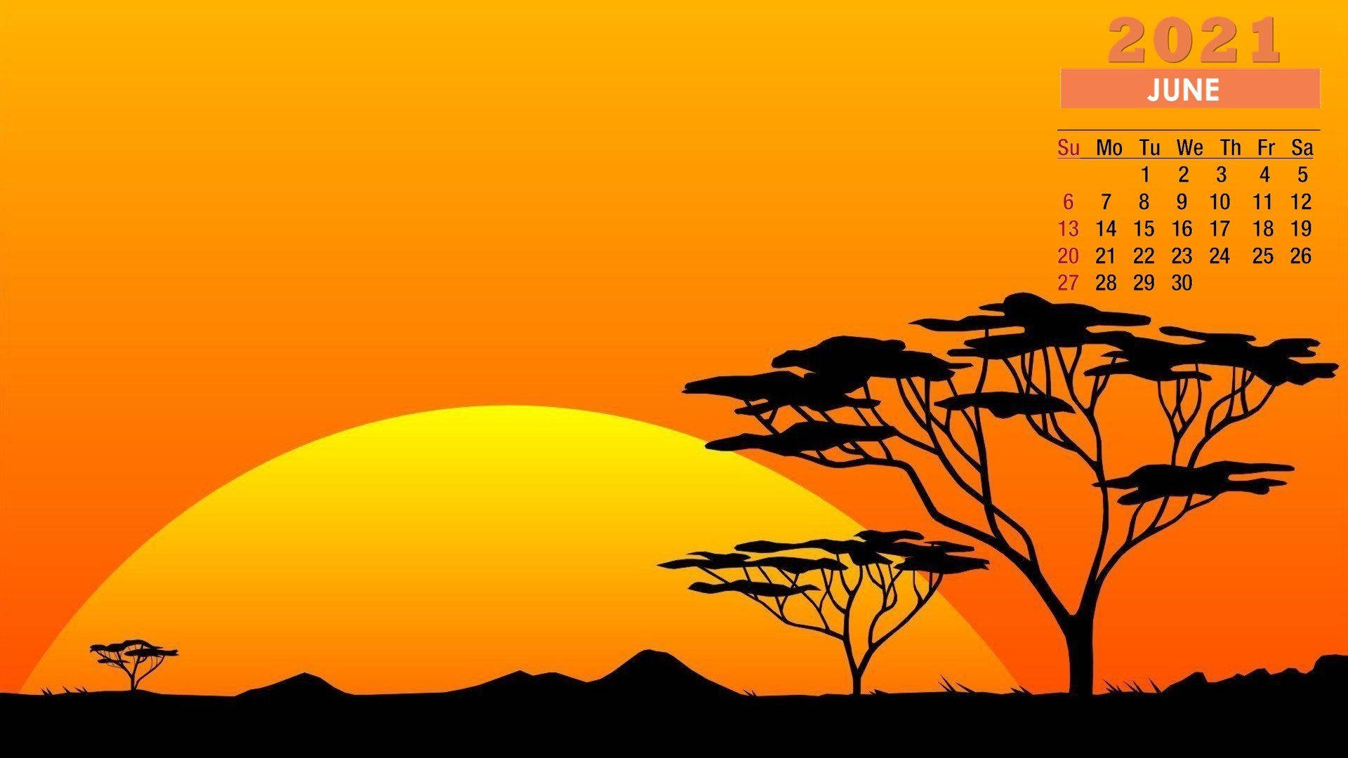 Et kalender med en solnedgang i savannen Wallpaper