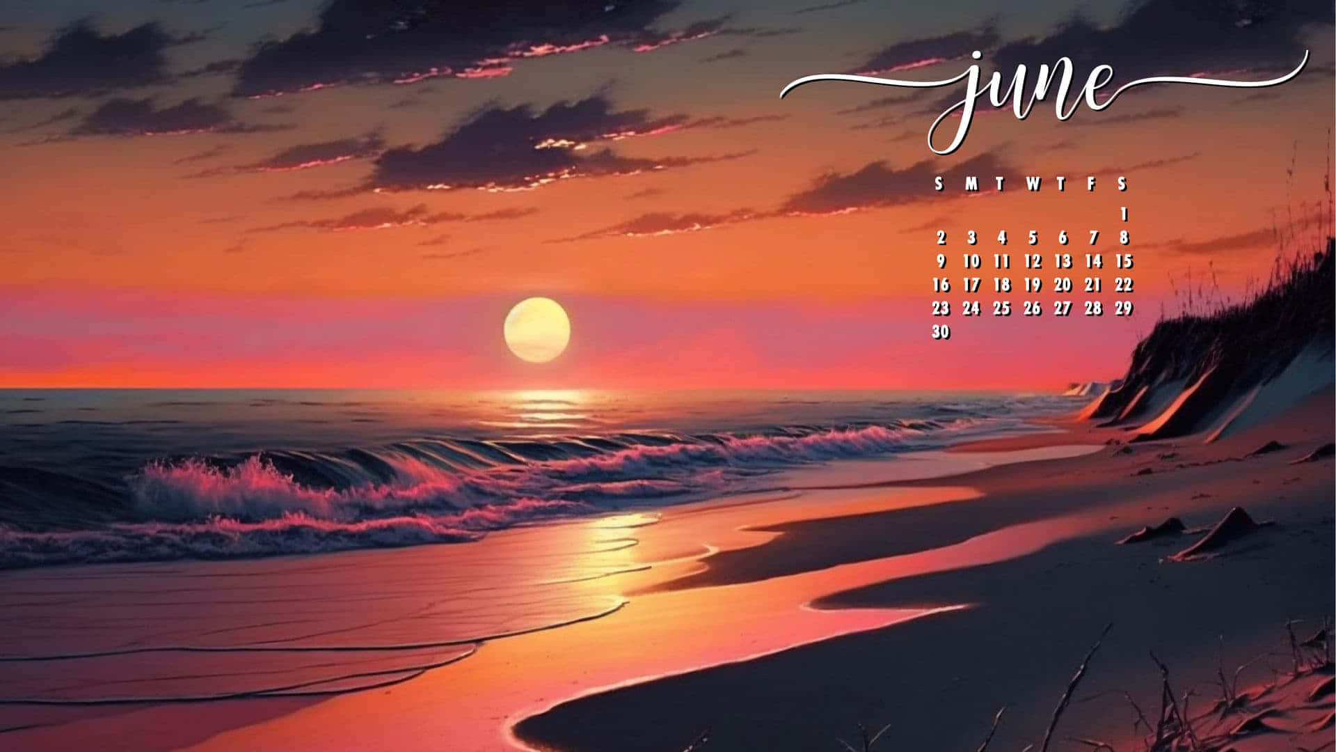 Juni Strand Zonsondergang Kalender Achtergrond Achtergrond