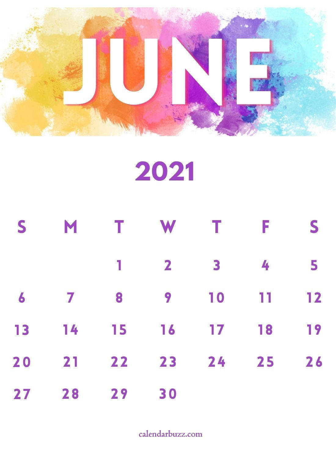 June Calendar With Pop Of Colors 2021