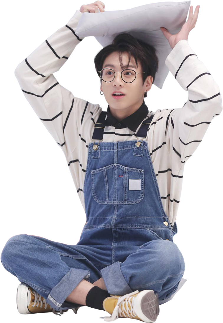 Jungkookin Striped Shirtand Denim Overalls PNG