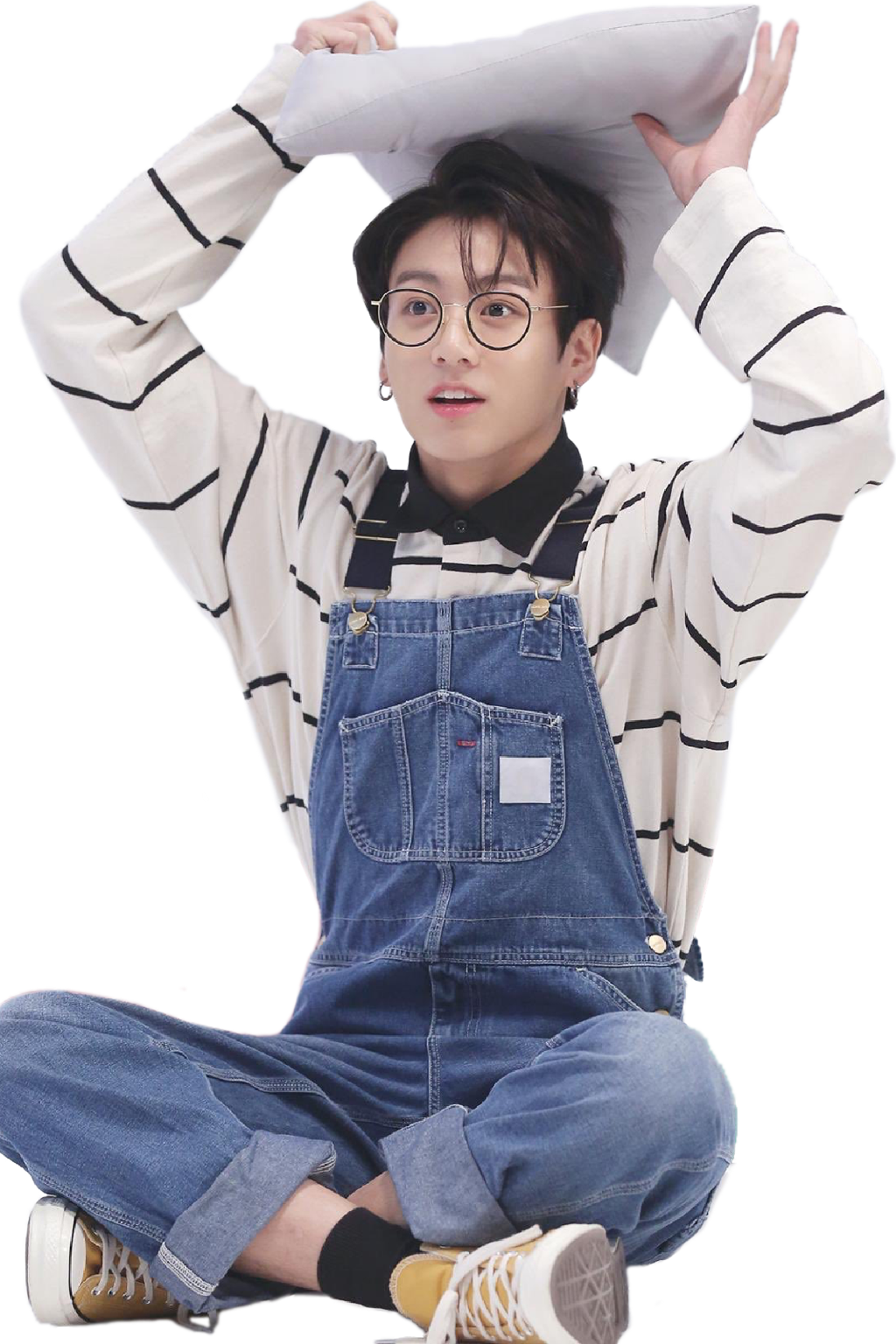 Jungkookin Striped Shirtand Denim Overalls PNG