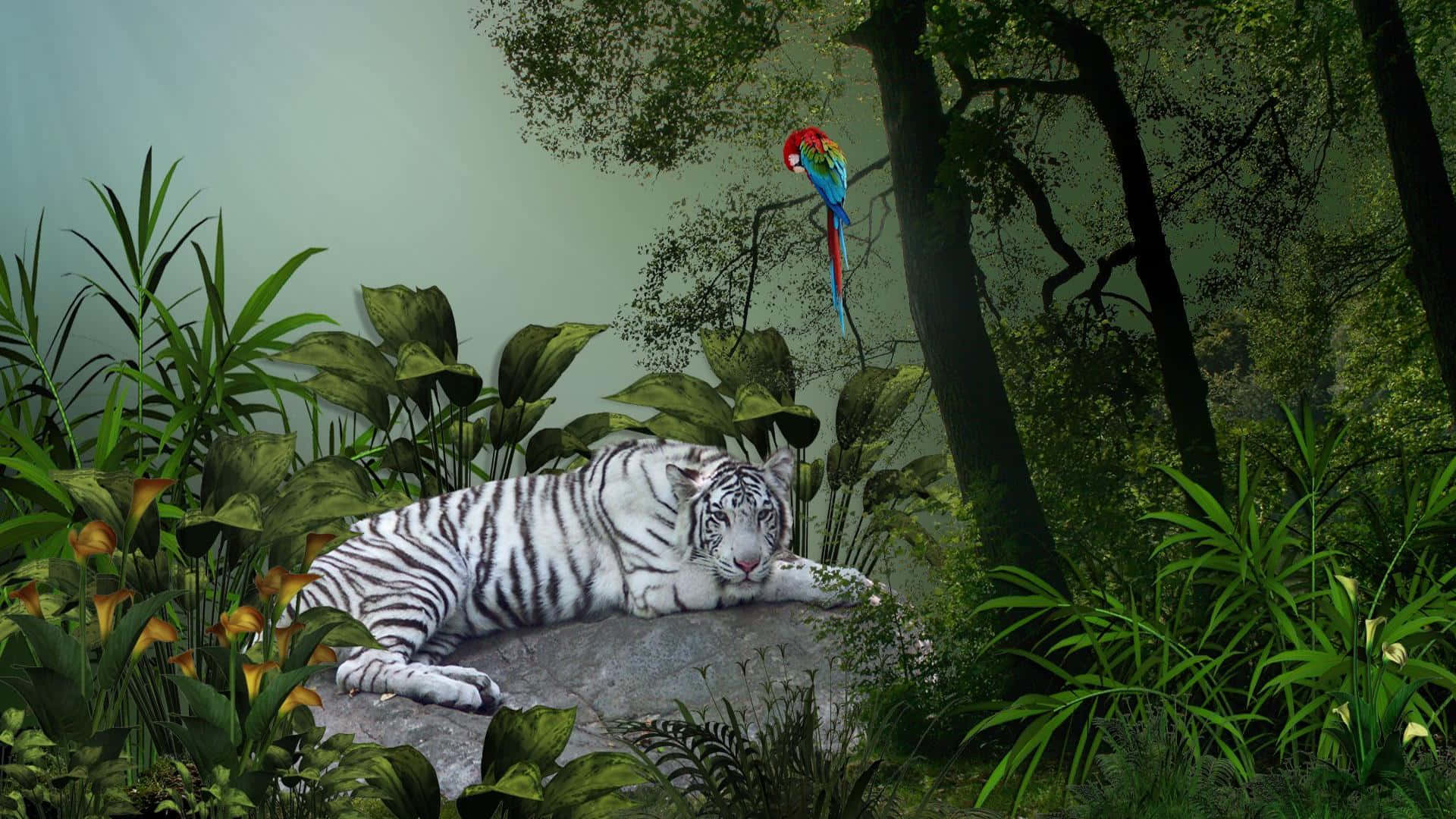 Tiger og papegøje i jungle skrivebordsbaggrund Wallpaper