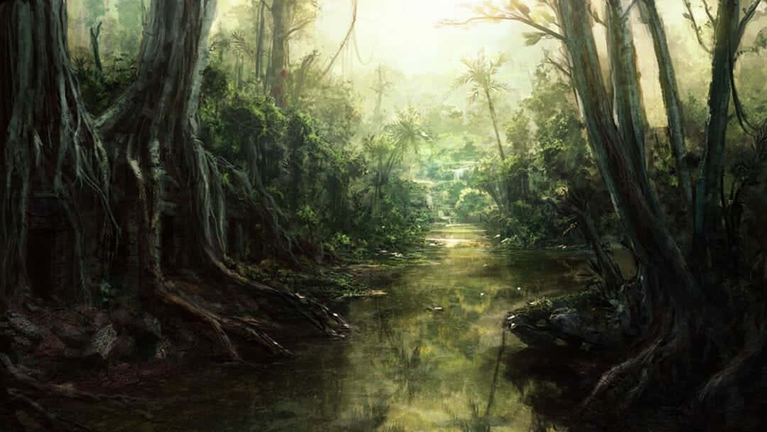 Maleri af en sump i junglen skrivebordsbaggrund Wallpaper