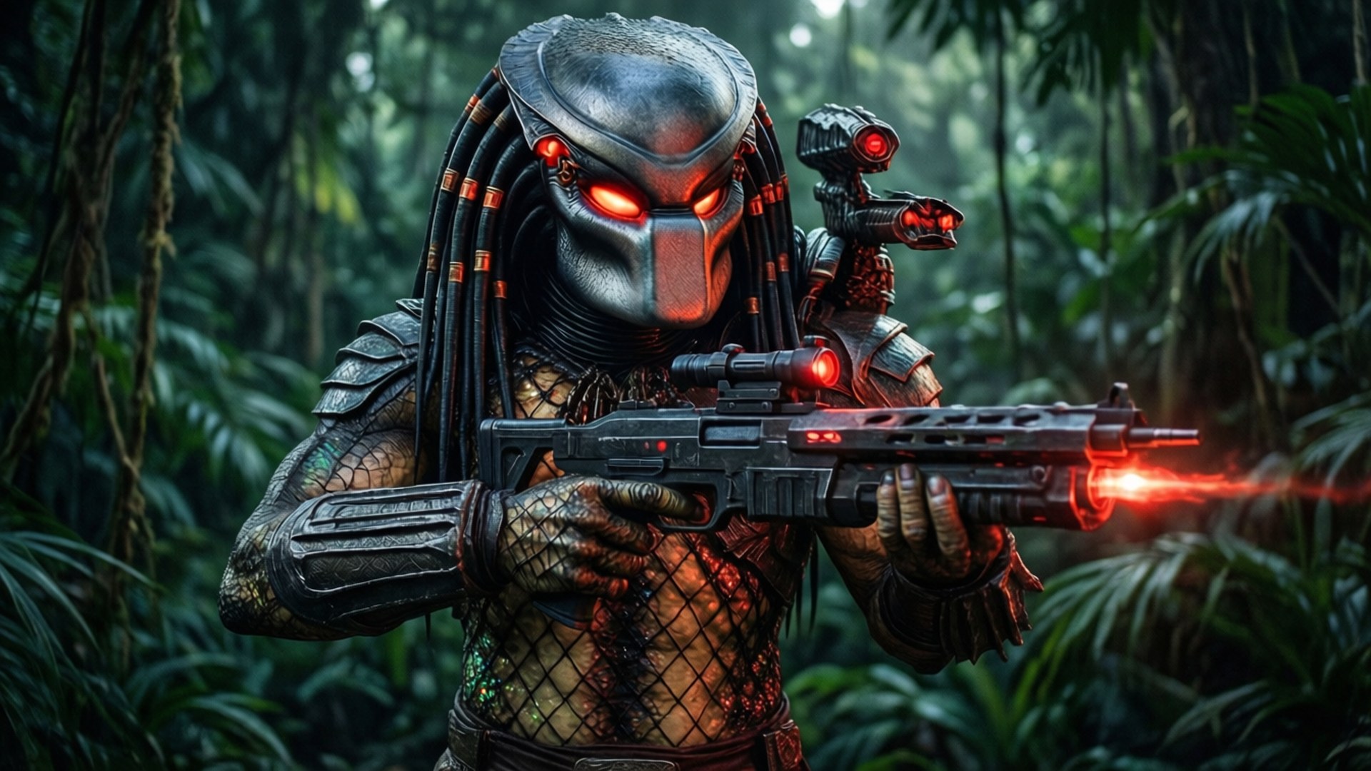 Predator in jungle with plasma caster, glowing eyes
