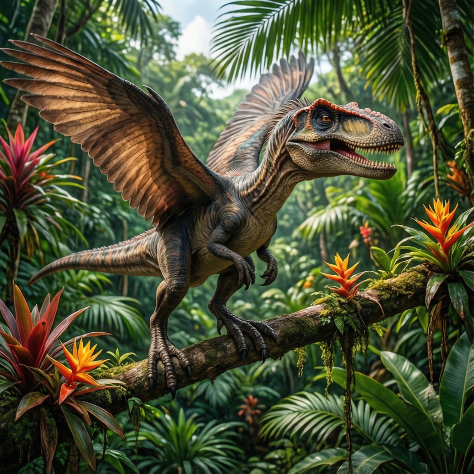 Seekor dinosaurus terbang bertengger di dahan di hutan tropis yang semarak, dengan siang hari yang cerah dan dedaunan eksotis.