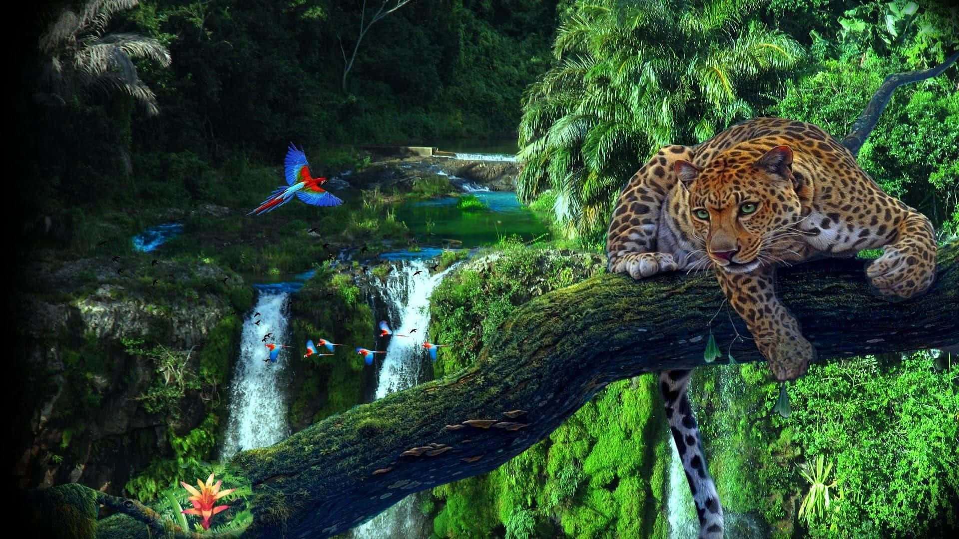 A Leopard Is Sitting On A Branch With Birds And Waterfall