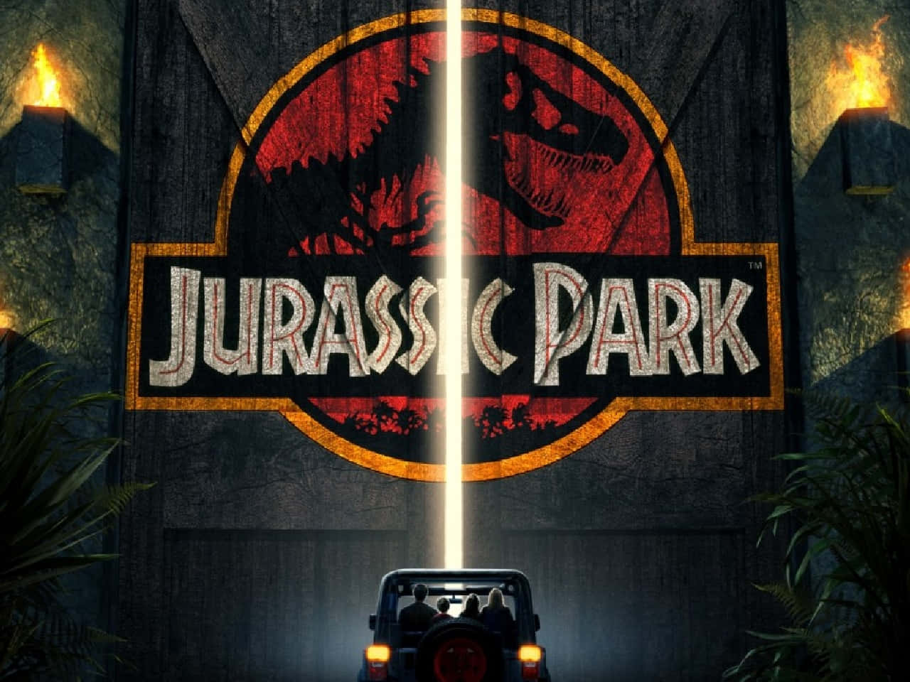 Jurassicpark Plakat Med En Bil Foran Den.