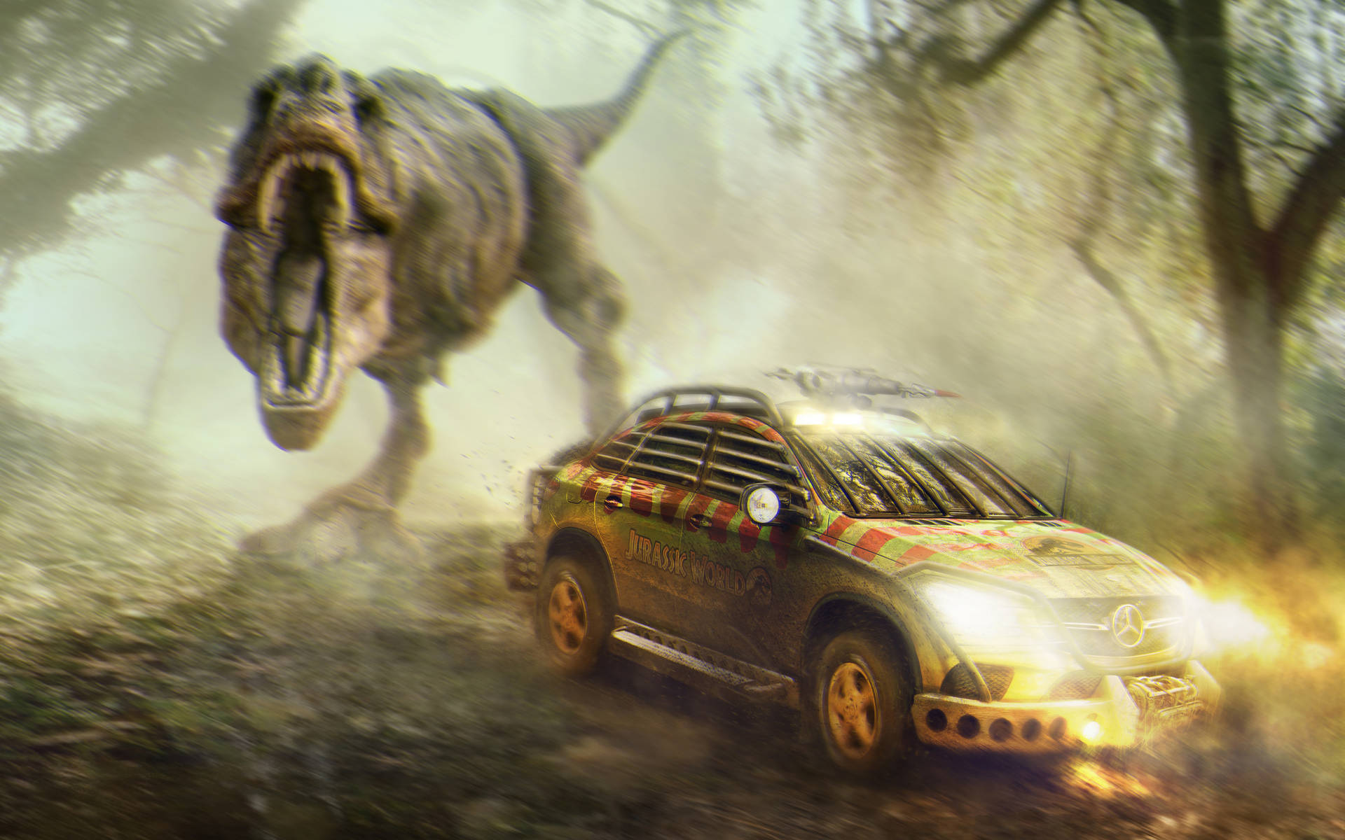Jurassic World With A Car Wallpaper