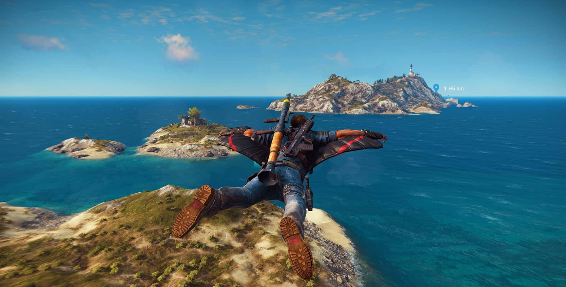 En mand flyver over en ø i et computerspil Wallpaper