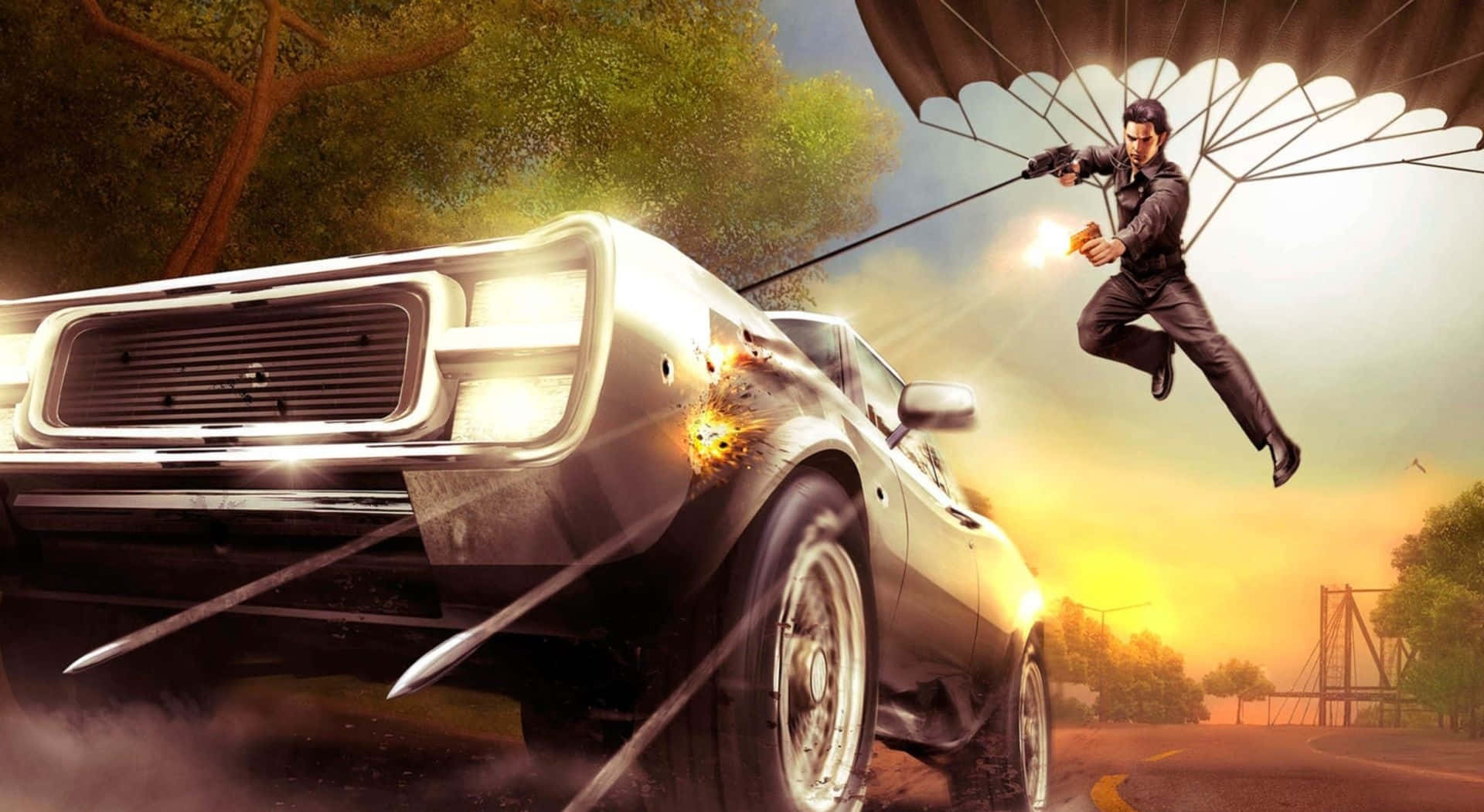 En mand flyver over en bil med et faldskærmsudstyr. Wallpaper