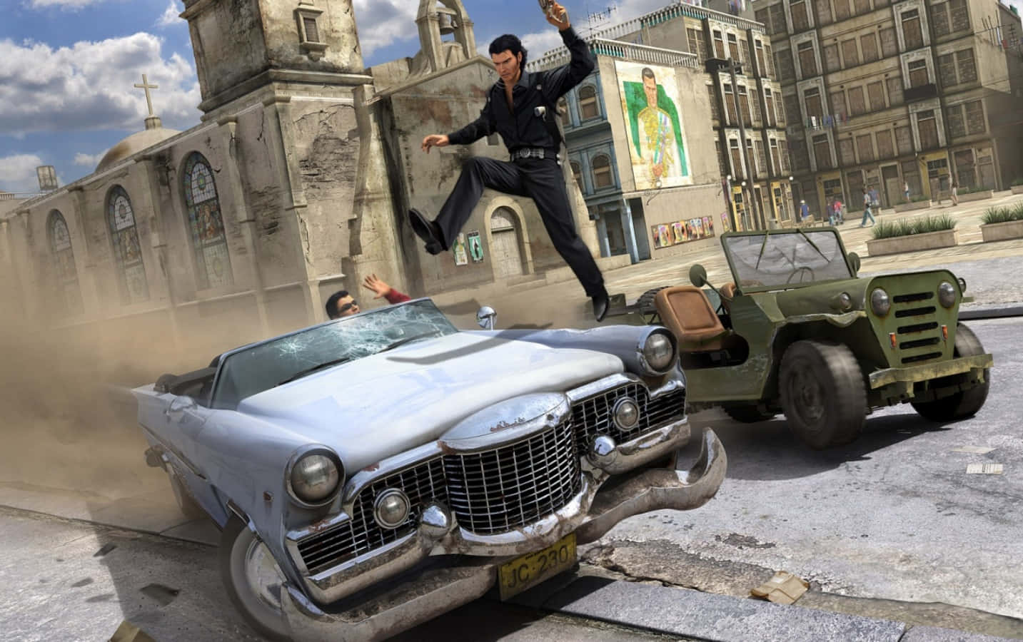 A Man Jumping Over A Car In A City Wallpaper