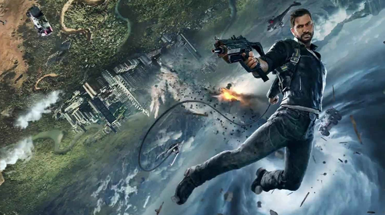 A Man Is Flying In The Air With A Gun Wallpaper