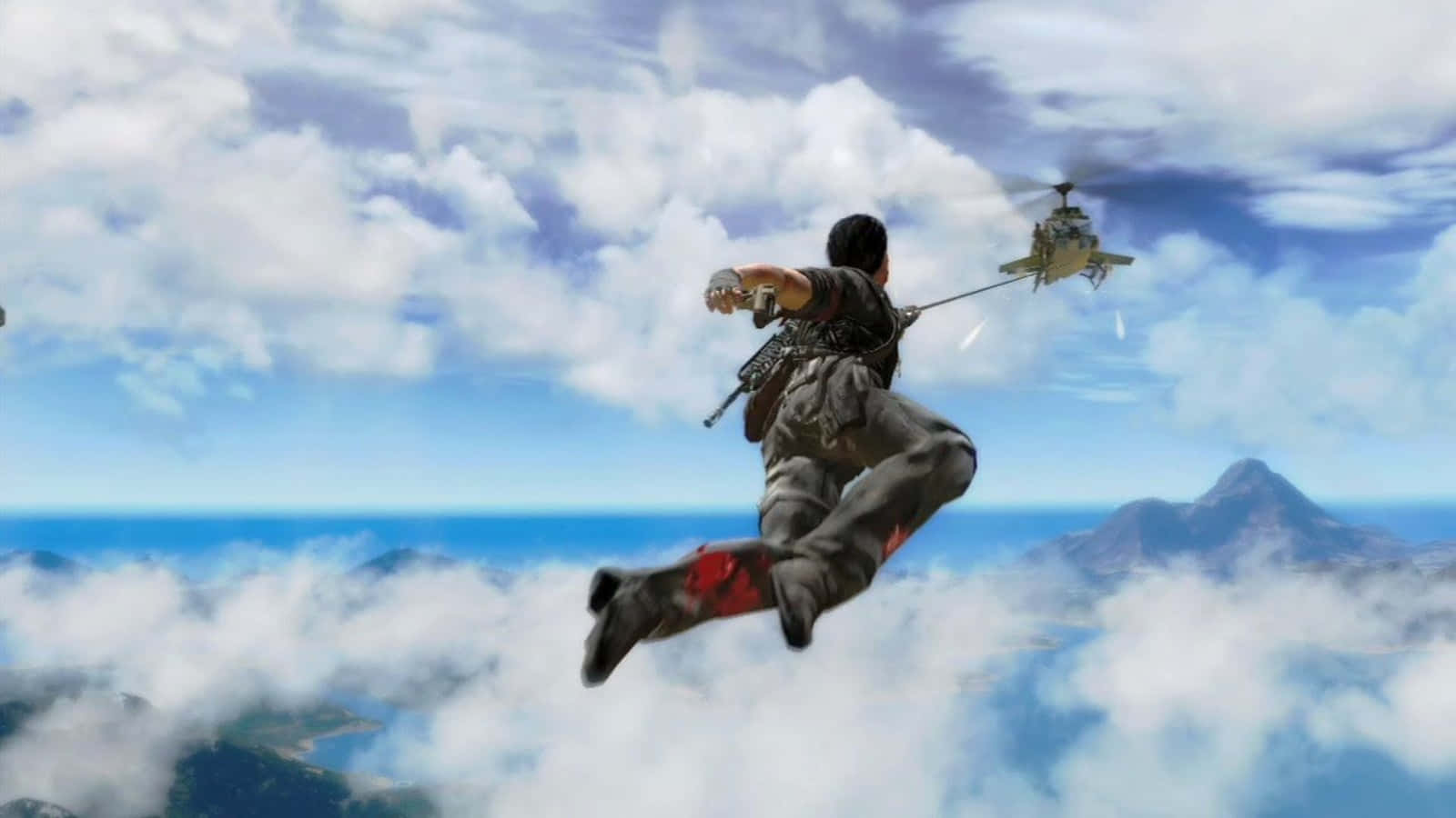 En mand flyver i luften ovenover skyerne. Wallpaper