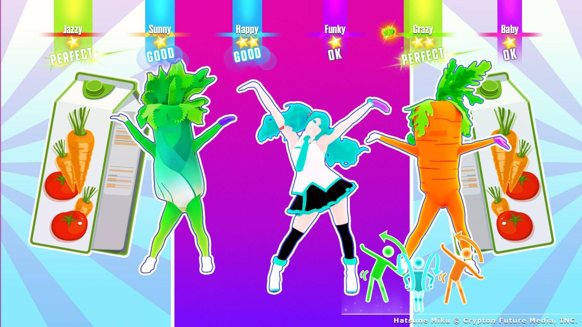 Just Dance Hatsune Miku With Vegetable Dancers Wallpaper