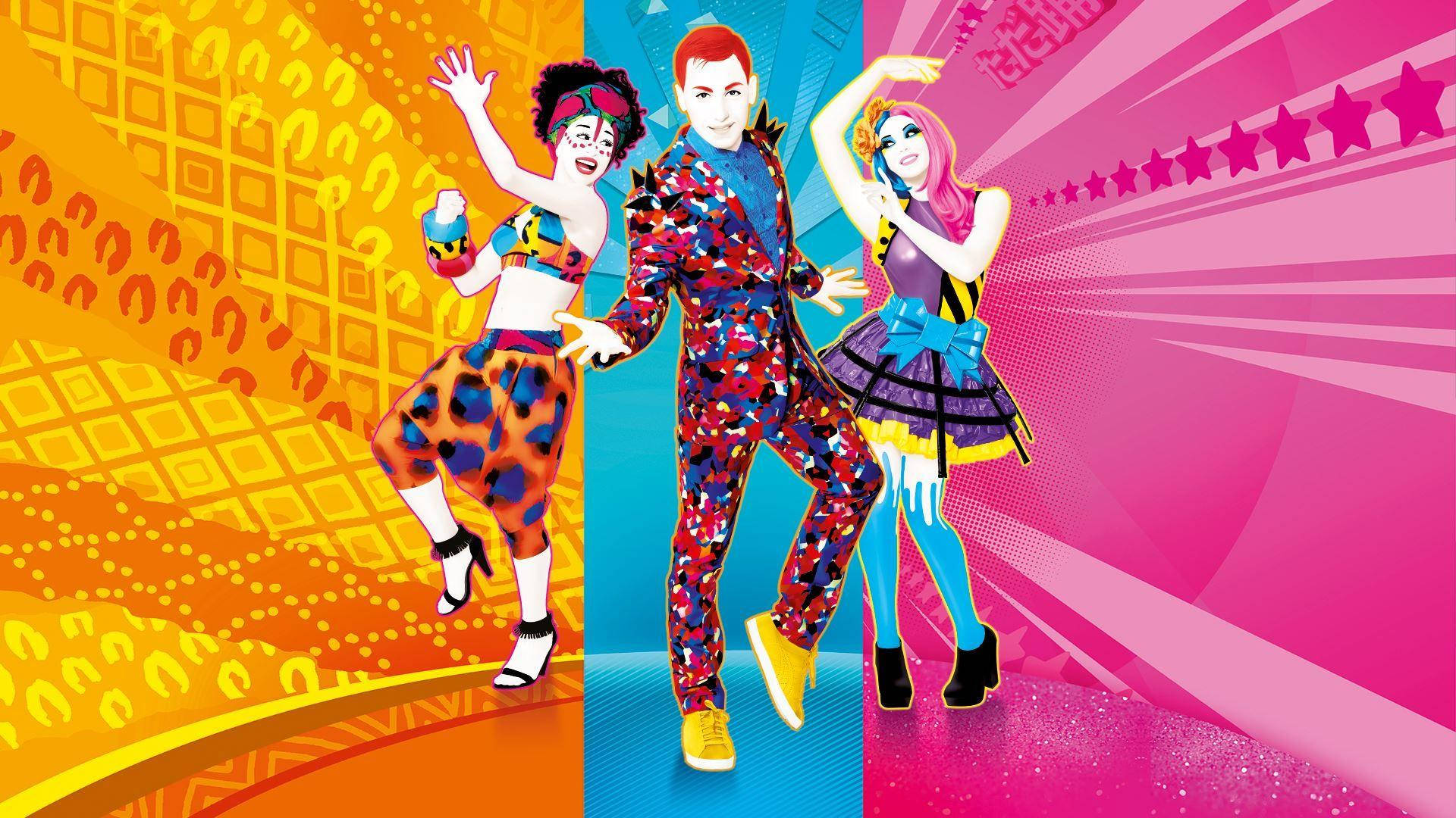 Just Dance Three Dancers With Wacky Outfits Wallpaper