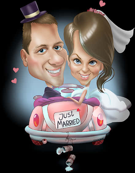 Just Married Caricature Couple PNG