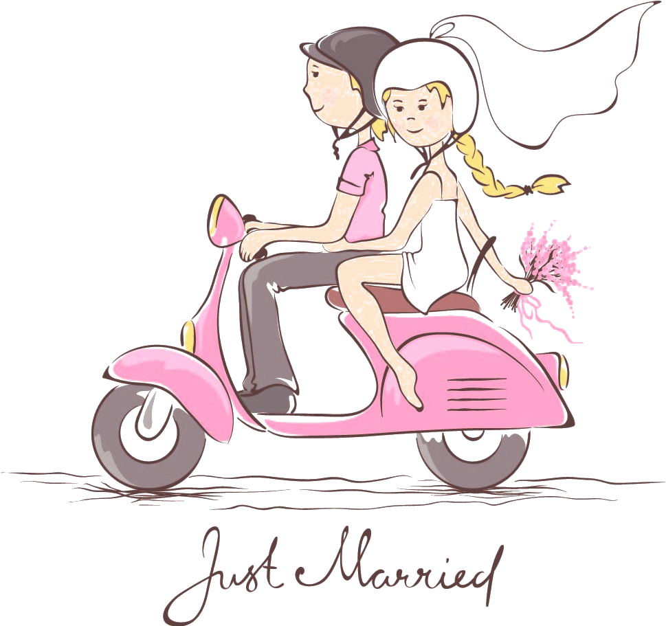 Just Married Coupleon Scooter PNG