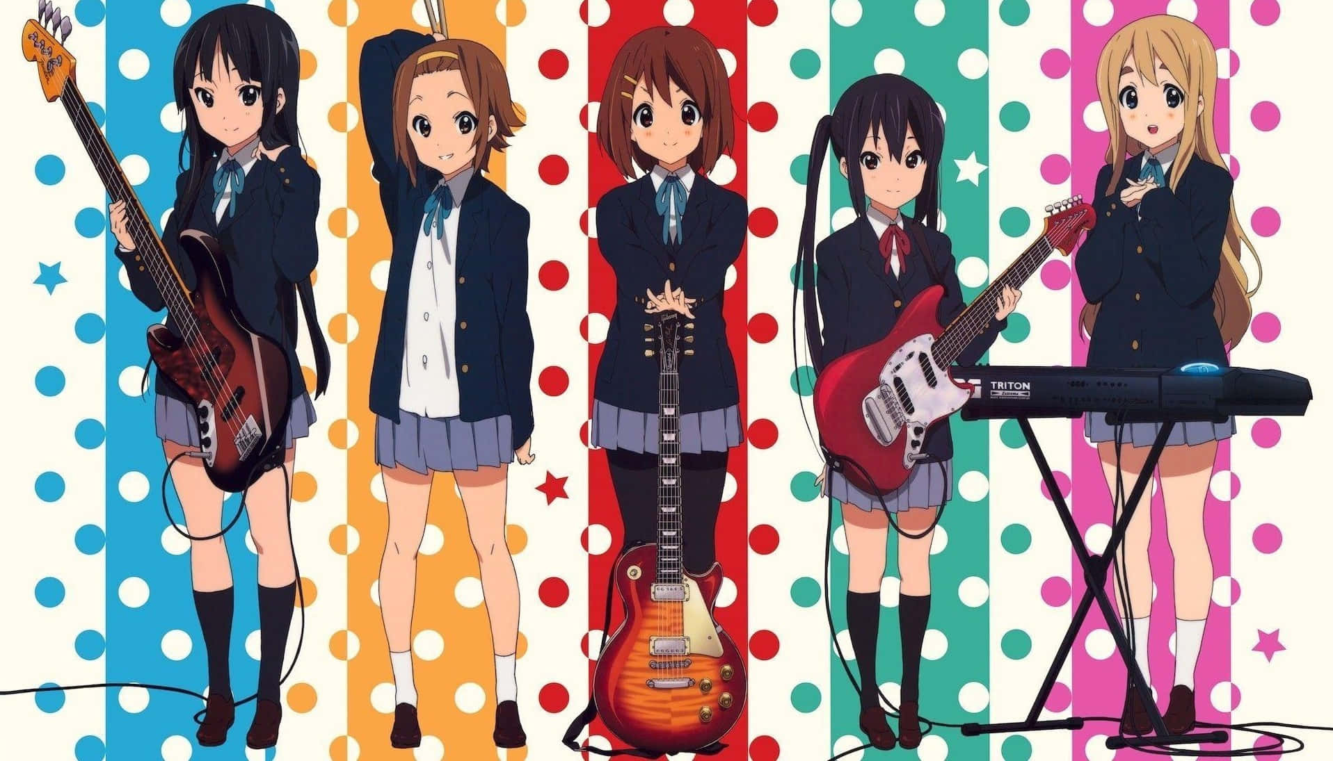 A Group Of Anime Girls With Guitars And Polka Dots