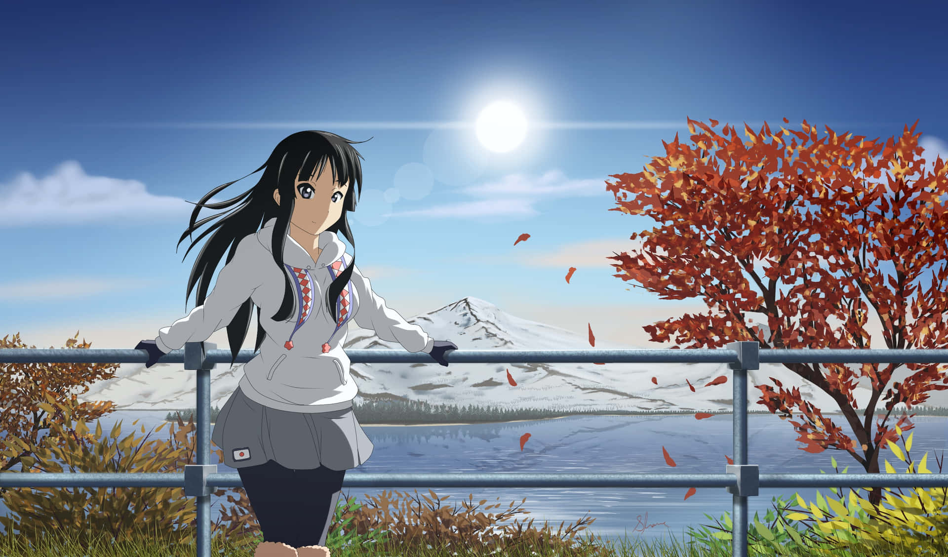 A Girl Is Standing On A Railing Looking At The Lake