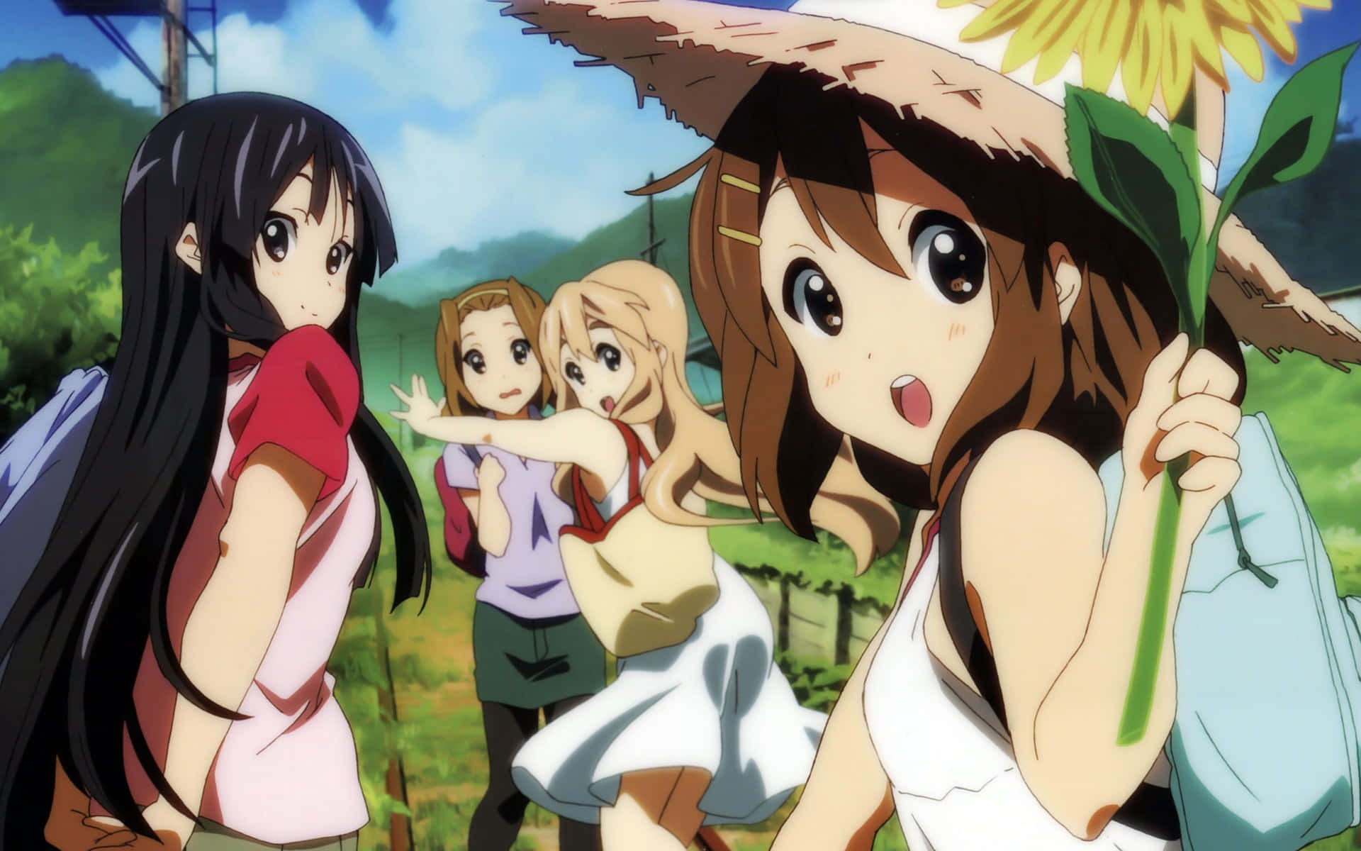 Einegruppe Von Anime-mädchen Steht Auf Einem Feld.